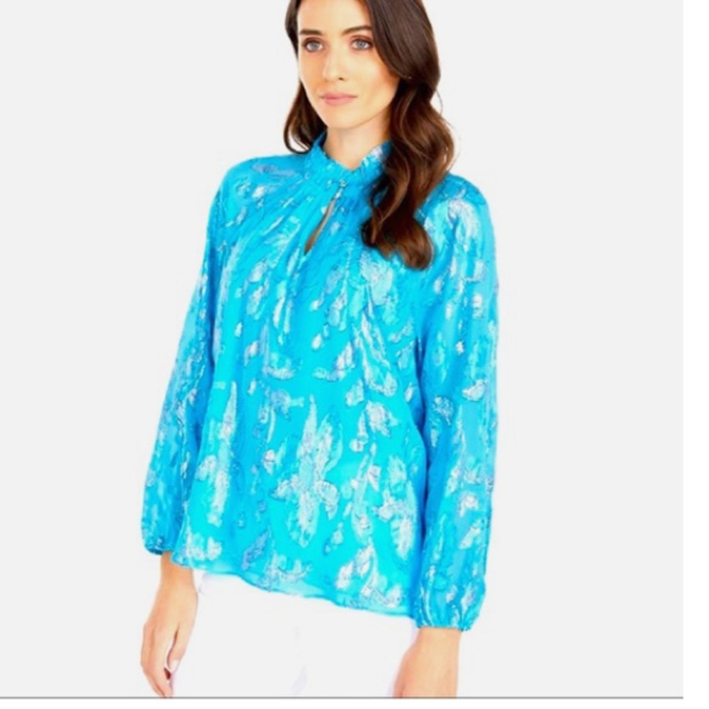 NWOT Lilly Pulitzer Galiana metallic turquoise blue silk blouse S - Picture 3 of 15